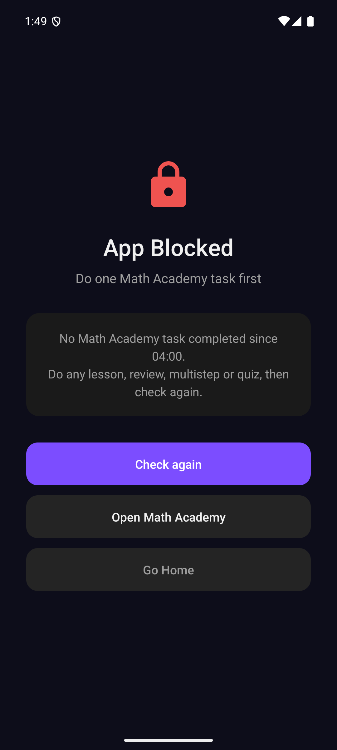 Block screen shown when a locked app is opened
