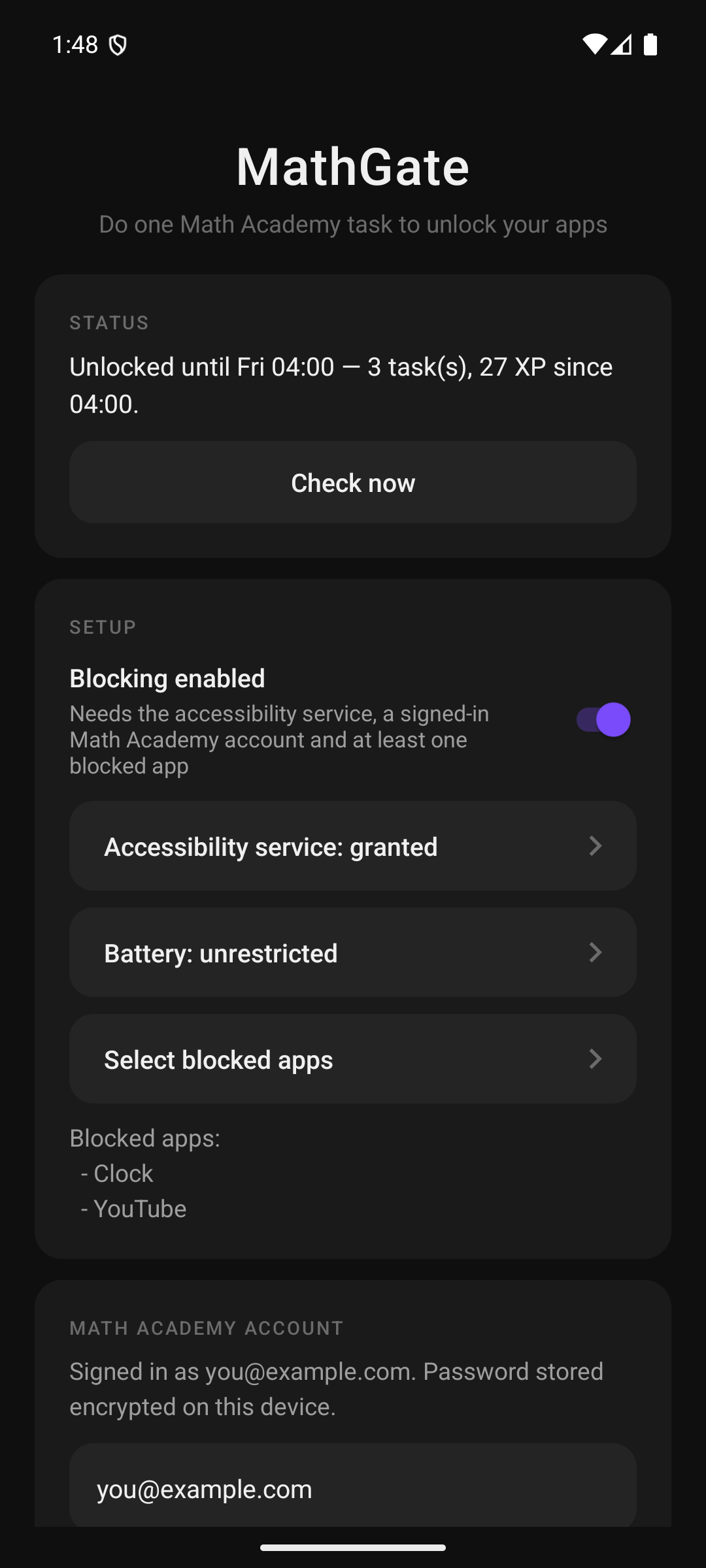 MathGate home screen showing gate status and setup