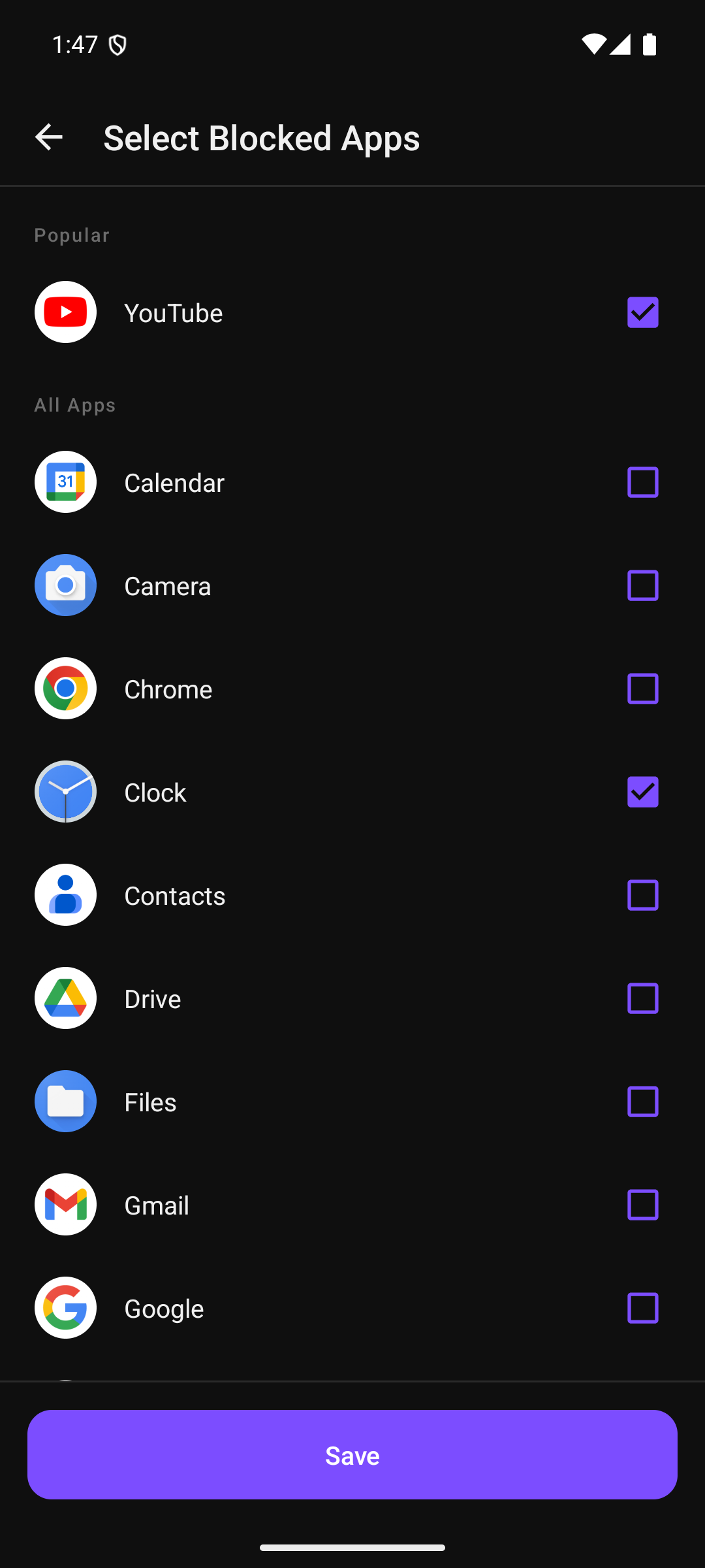 App selection screen with popular apps pinned